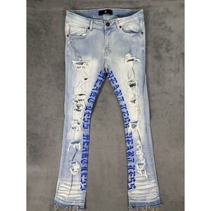 Focus Jeans Mens 32x38 Blue Straight Slim Light Wash Denim Distressed Heartless